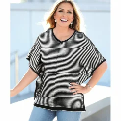 Pull poncho à rayures col en V femme - Blanc gris clair