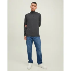 Pull zip Col haut Manches longues Gris Foncé en coton