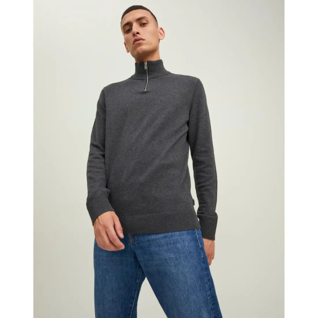 Pull zip Col haut Manches longues Gris Foncé en coton
