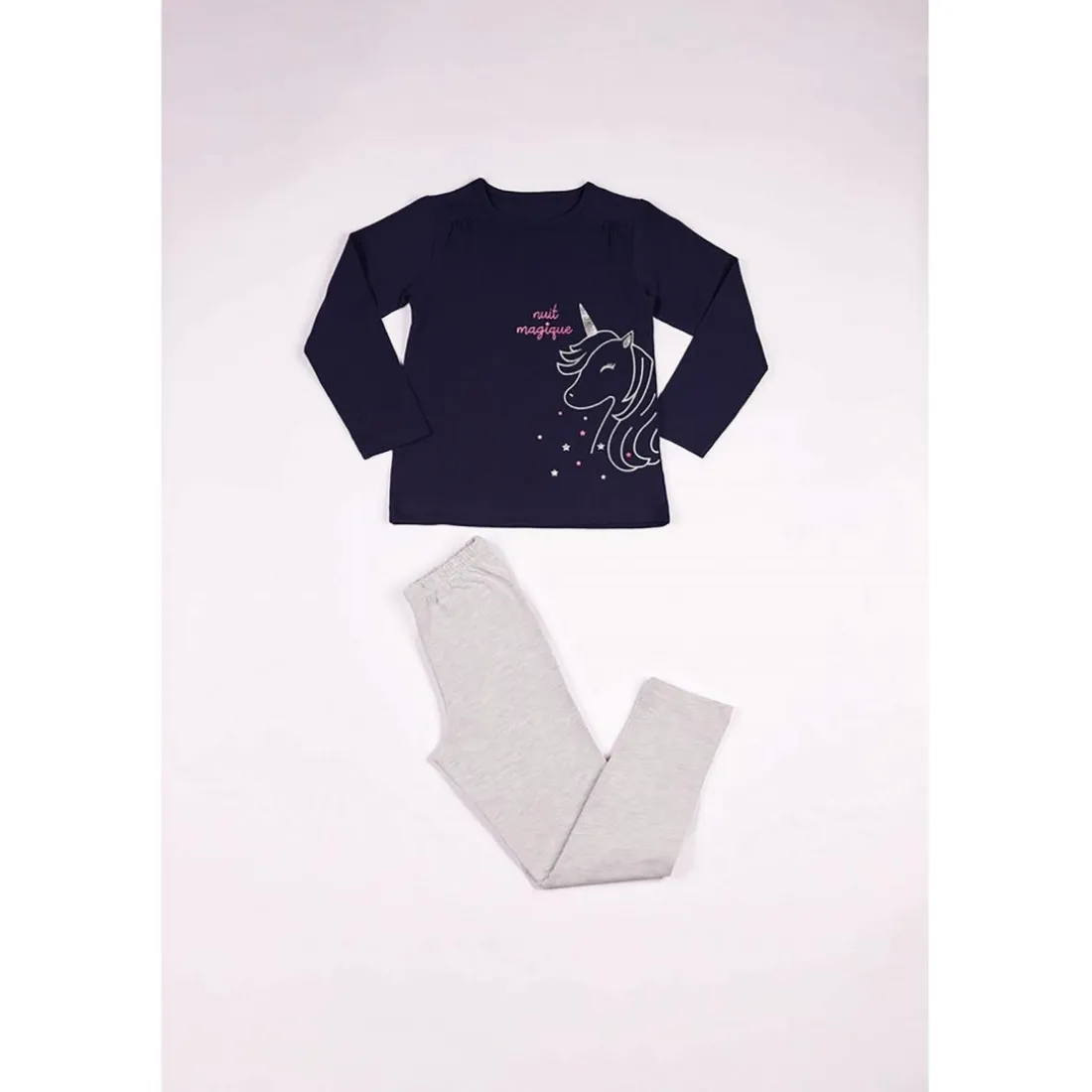 Pyjama Leggings fille en Coton - Bleu Marine Imprimé / Gris Chiné - nuit magique