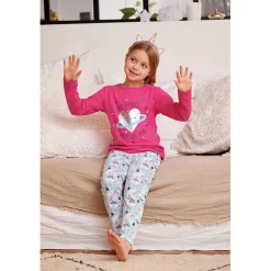 Pyjama Leggings fille- Rose à Motifs Argent, Bleu Marine/ Bleu Clair et Motifs Colorés- Étoiles en coton