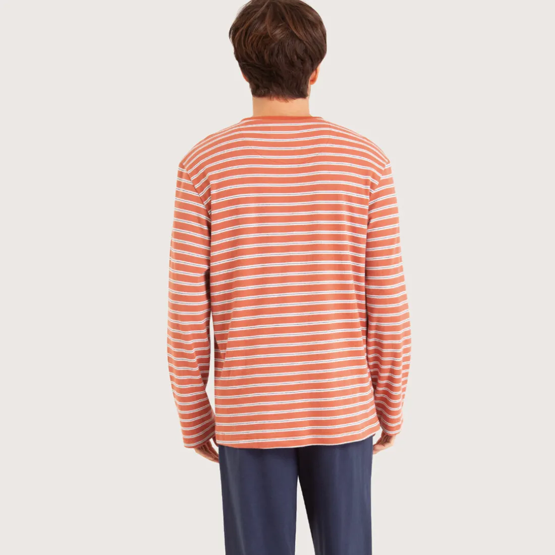 Pyjama long col T homme - Orange en coton