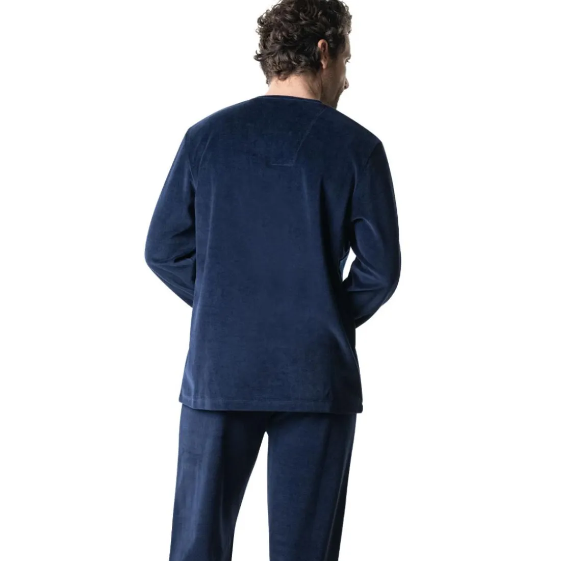 Pyjama long col V homme Velours Eminence bleu en coton
