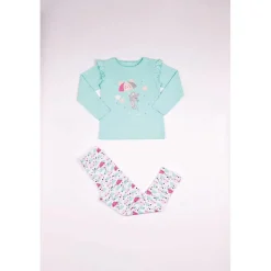 Pyjama Long fille - Vert Aqua à Motifs Colorés - Pluie et Petite Souris bleu clair en coton