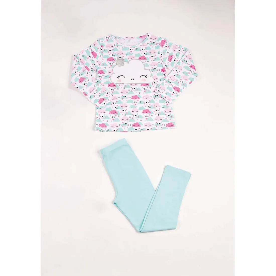 Pyjama Long fille en Coton - Blanc Imprimé / Vert Aqua