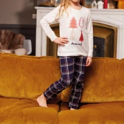 Pyjama Long fille en Coton - Écru à Motifs Sapins de Noël / Bleu Marine à Carreaux Contrastés