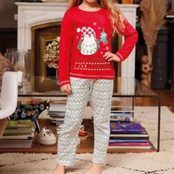 Pyjama Long fille en Coton - Rouge Blanc et Vert - Motifs Noël