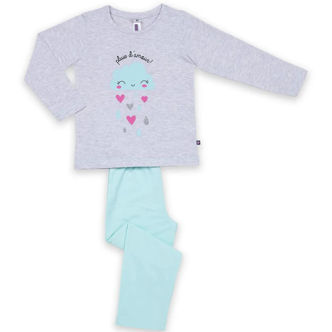 Pyjama Long fille en Coton - Gris Chiné Imprimé / Vert Aqua - pluie d'amour !
