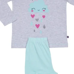 Pyjama Long fille en Coton - Gris Chiné Imprimé / Vert Aqua - pluie d'amour !