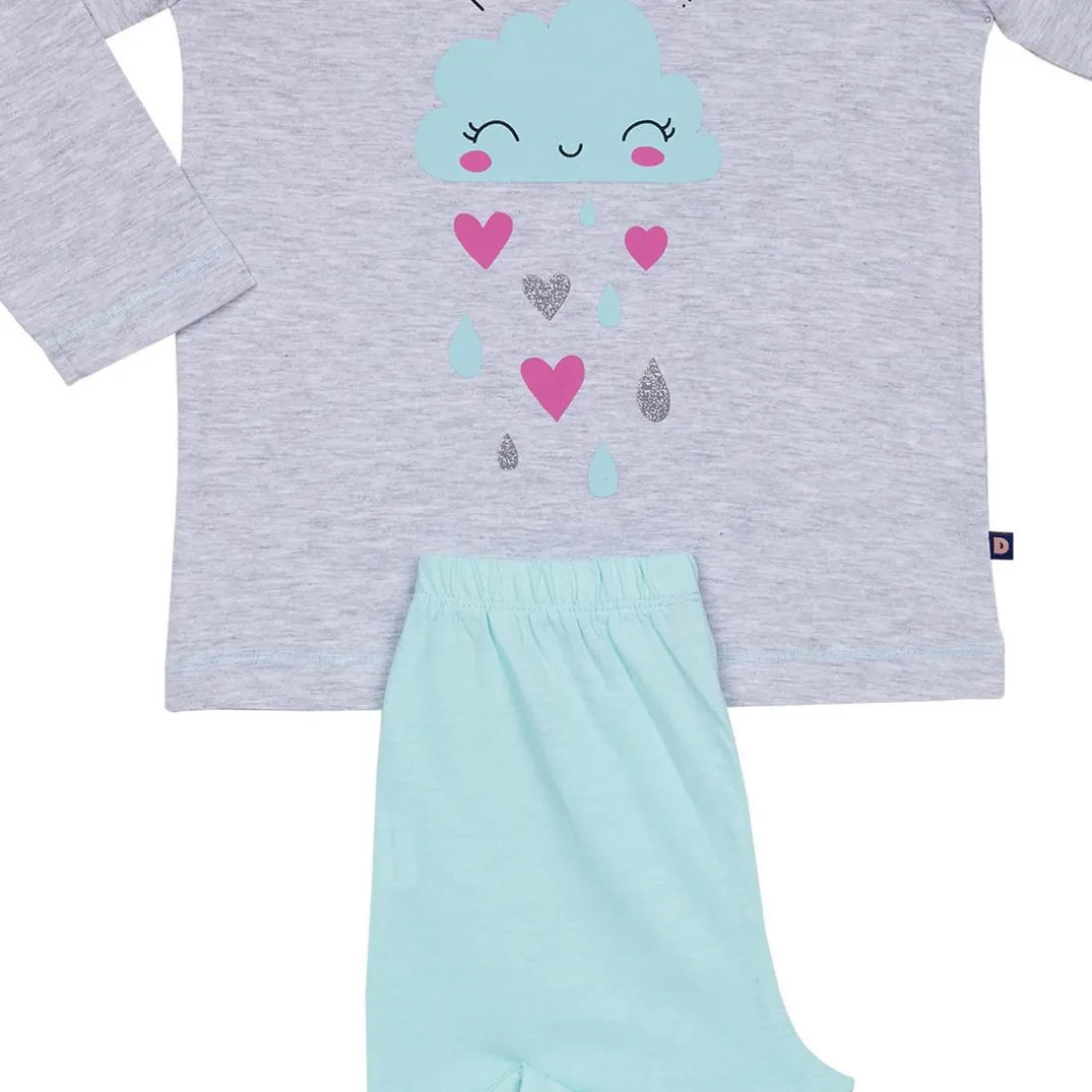 Pyjama Long fille en Coton - Gris Chiné Imprimé / Vert Aqua - pluie d'amour !