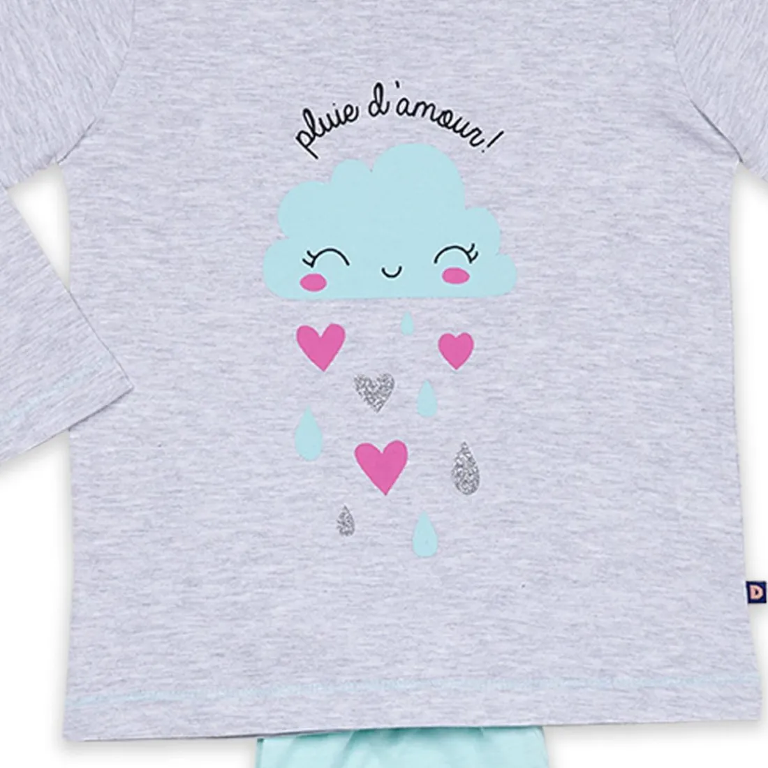 Pyjama Long fille en Coton - Gris Chiné Imprimé / Vert Aqua - pluie d'amour !