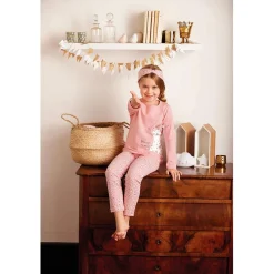 Pyjama Long fille en Coton - Rose Imprimé et Détails en Relief - félin moi un câlin un