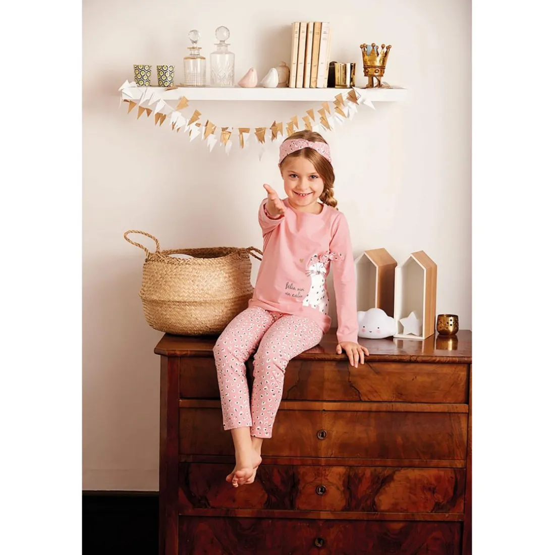 Pyjama Long fille en Coton - Rose Imprimé et Détails en Relief - félin moi un câlin un
