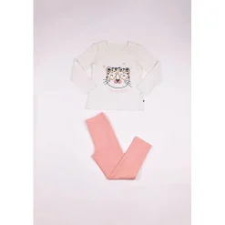 Pyjama Long fille en Coton - Blanc Imprimé / Rose - Félin pour l'autre
