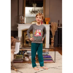Pyjama Long Garçon en Coton - Gris Chiné Imprimé / Vert