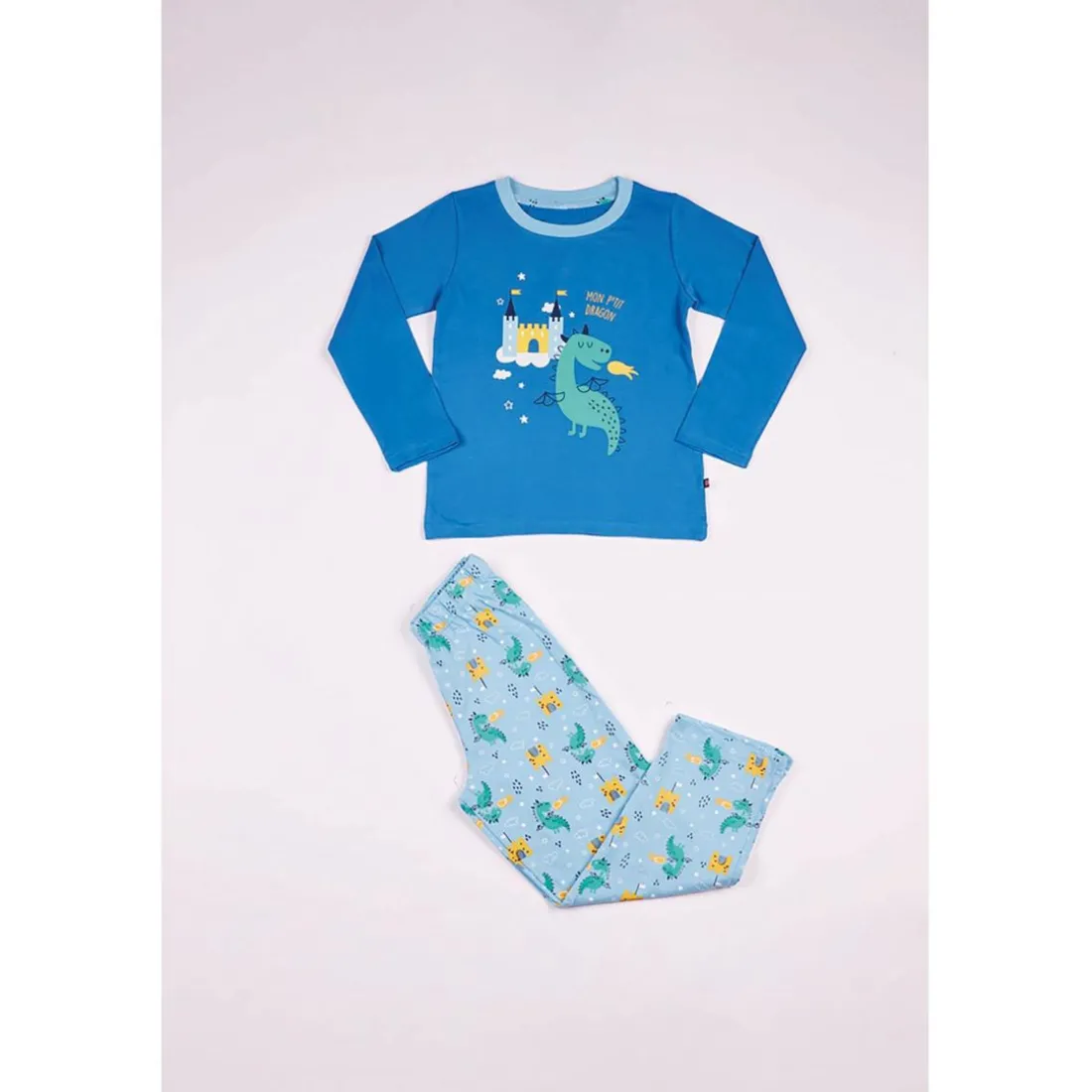 Pyjama Long Garçon en Coton - Bleu Imprimé / Bleu Clair Imprimé - Dragon