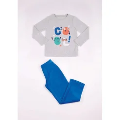 Pyjama Long Garçon en Coton - Gris Chiné Imprimé / Bleu - Cool!