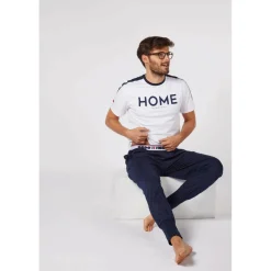 Pyjama Long homme en Coton - Blanc - Bleu Marine - Rouge / Bleu Marine Uni - Dodo Homewear