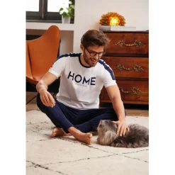 Pyjama Long homme en Coton - Blanc - Bleu Marine - Rouge / Bleu Marine Uni - Dodo Homewear