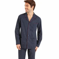Pyjama long ouvert homme Popeline Vert Manches longues en coton