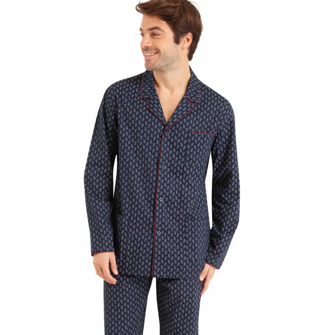 Pyjama long ouvert homme Popeline Vert Manches longues en coton