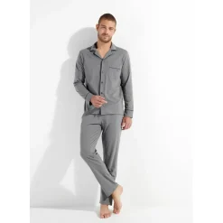 Pyjama pantalon gris passepoil marine en coton