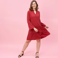 Robe à volants et pinces manches longues femme - Rouge