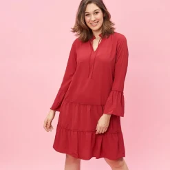 Robe à volants et pinces manches longues femme - Rouge
