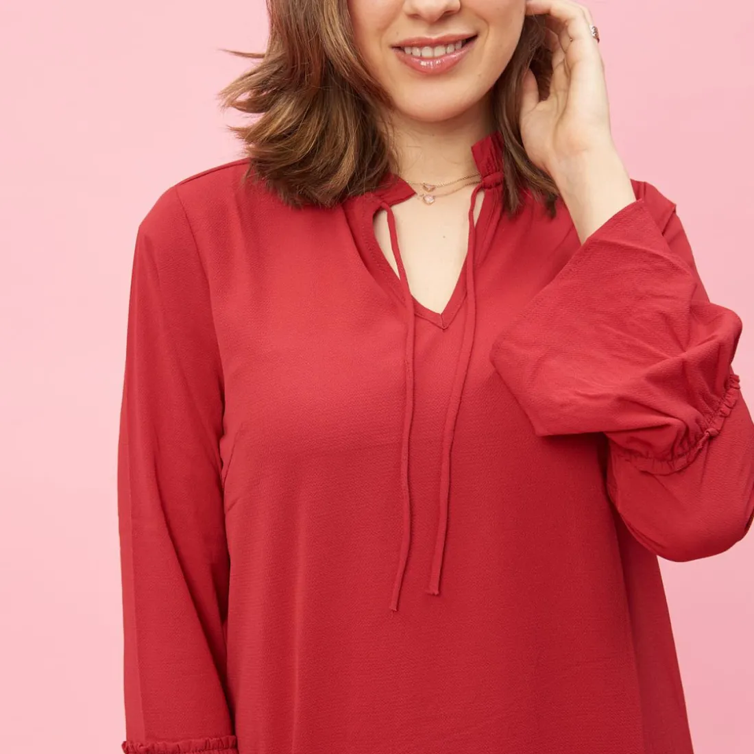 Robe à volants et pinces manches longues femme - Rouge