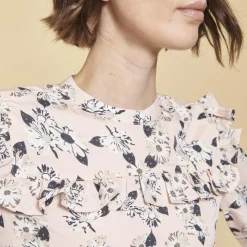Robe avec volants imprimée manches longues femme - Rose