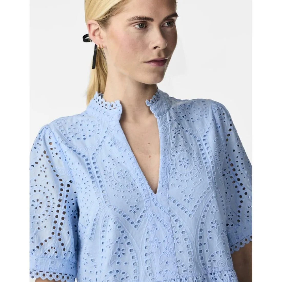 Robe babydoll broderie anglaise bleu en coton