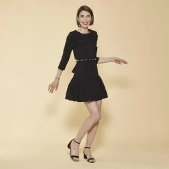 Robe bas volanté manches 3/4 gigot et ceinture avec perles femme - Noir en coton