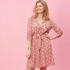 Robe chemise ceinturée imprimée rouge en viscose