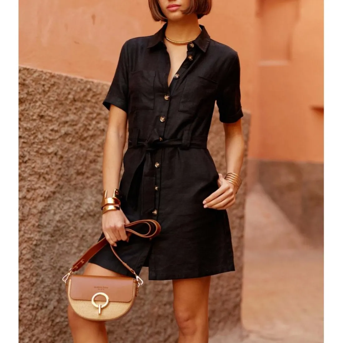 Robe chemise courte RILA noir en lin
