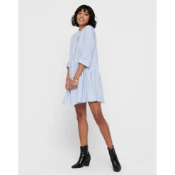 Robe chemise Rayures Col rond Manches 3/4 Au-dessus du genou Poignets repliés blanc en coton