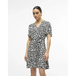 Robe court col en v manches larges manches courtes noir Kai