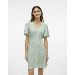Robe court col en v manches larges manches courtes vert Noémie