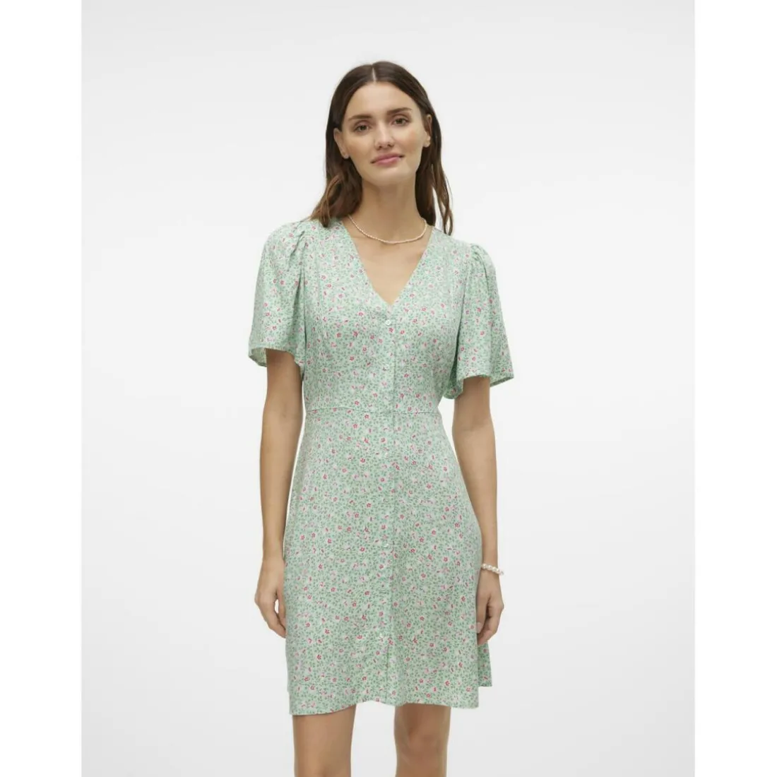 Robe court col en v manches larges manches courtes vert Noémie