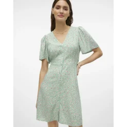 Robe court col en v manches larges manches courtes vert Noémie