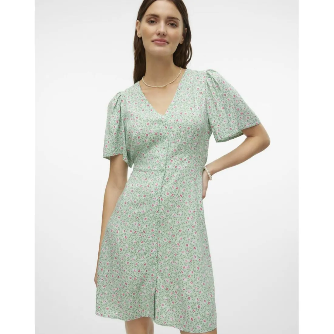 Robe court col en v manches larges manches courtes vert Noémie