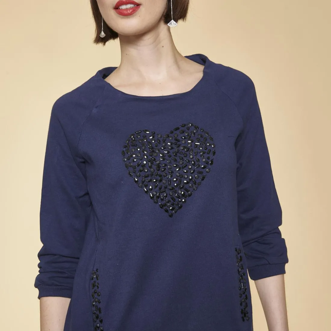 Robe courte cintrée manches 3/4 bas côtelé et poches femme - Bleu Indigo en coton
