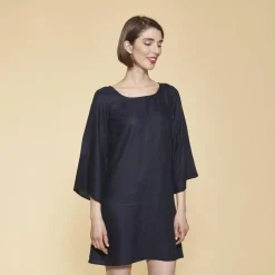 Robe courte col bateau manches longues imprimé sur bas femme - Bleu Marine en viscose