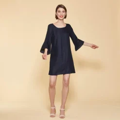 Robe courte col bateau manches longues imprimé sur bas femme - Bleu Marine en viscose