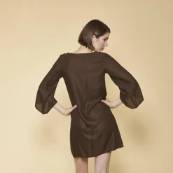 Robe courte col bateau manches longues imprimé sur bas femme - kaki foncé vert en viscose