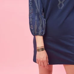 Robe courte col caftan manches longues avec imprimés femme - Bleu Nuit en coton