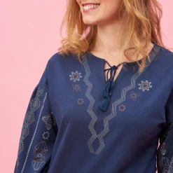 Robe courte col caftan manches longues avec imprimés femme - Bleu Nuit en coton