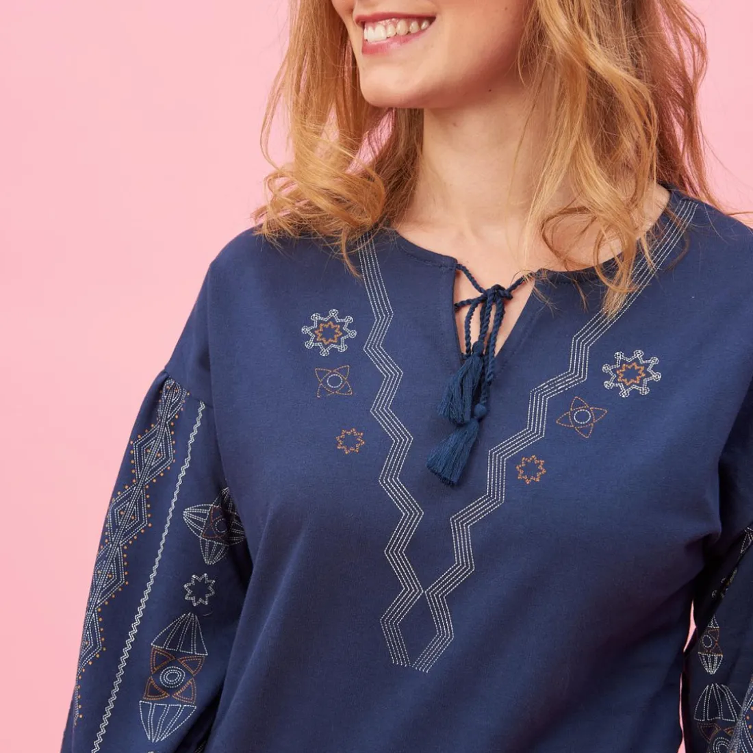 Robe courte col caftan manches longues avec imprimés femme - Bleu Nuit en coton