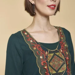 Robe courte col en V brodé manches longues évasées femme - Vert Bouteille