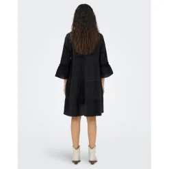 Robe courte Col fendu Manches 3/4 gris noir en coton