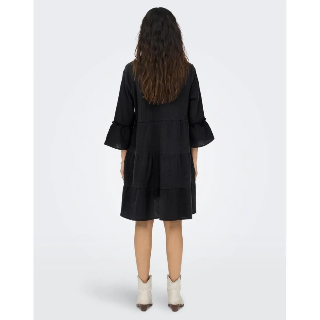 Robe courte Col fendu Manches 3/4 gris noir en coton